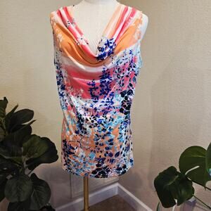 Calvin Klein Sleeveless Top Large Cowl Neck Floral Multicolor Stretch Blouse